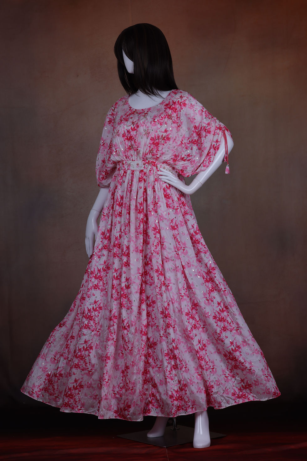 White and pink butterfly sleeve silk gown front view