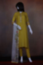 Vibrant yellow dupion silk straight kurta pant set front view with embroidered organza dupatta