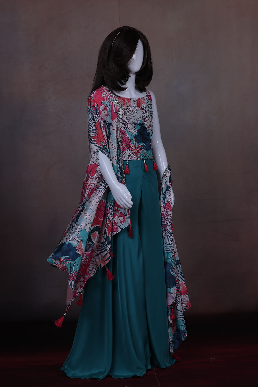 Girls' Teal Green Floral Print Crop Top, Palazzo & Shrug Ethnic Wear