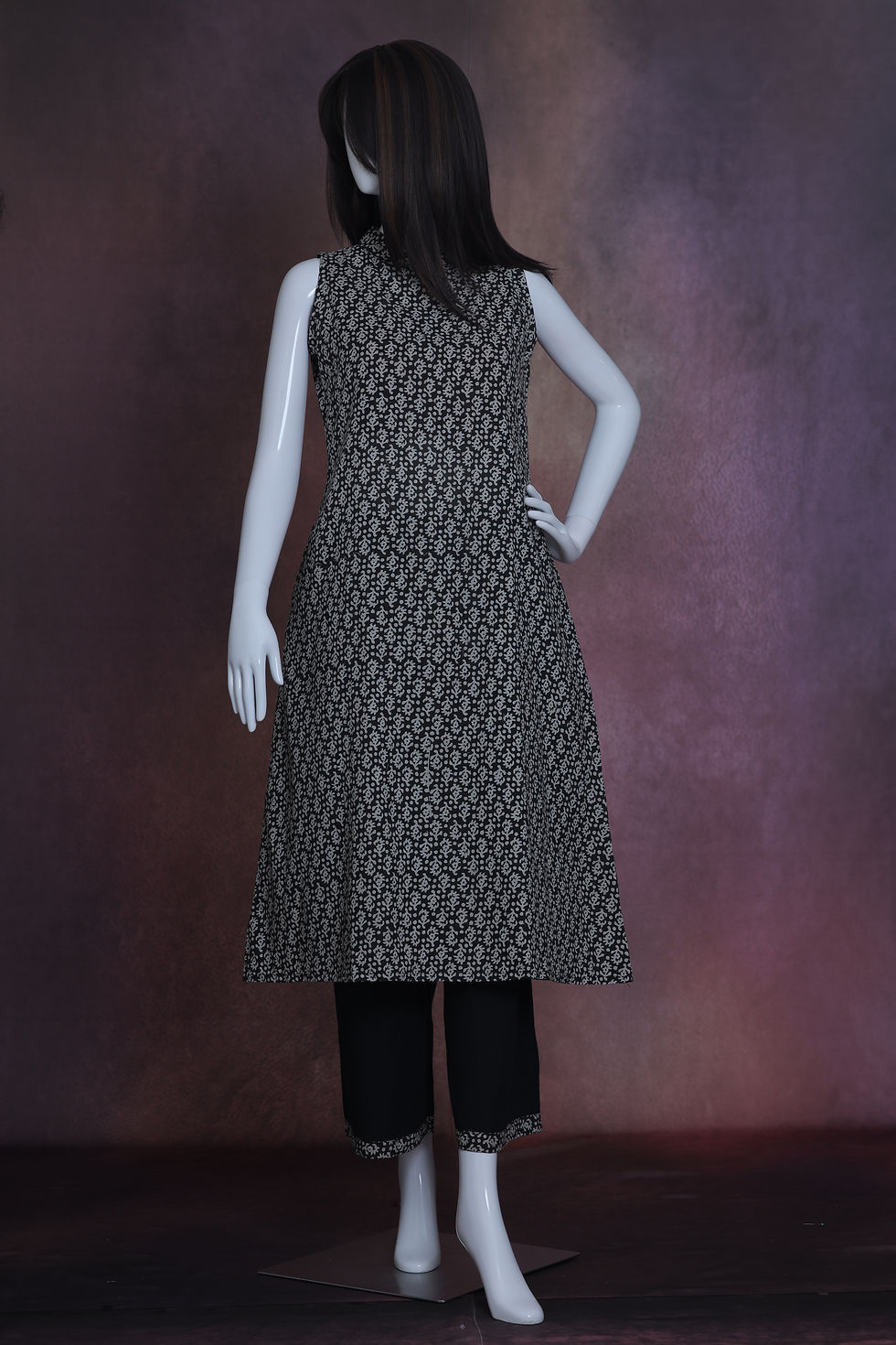 Thumbnail: Back view of straight batik kurta paired with plain cotton pant