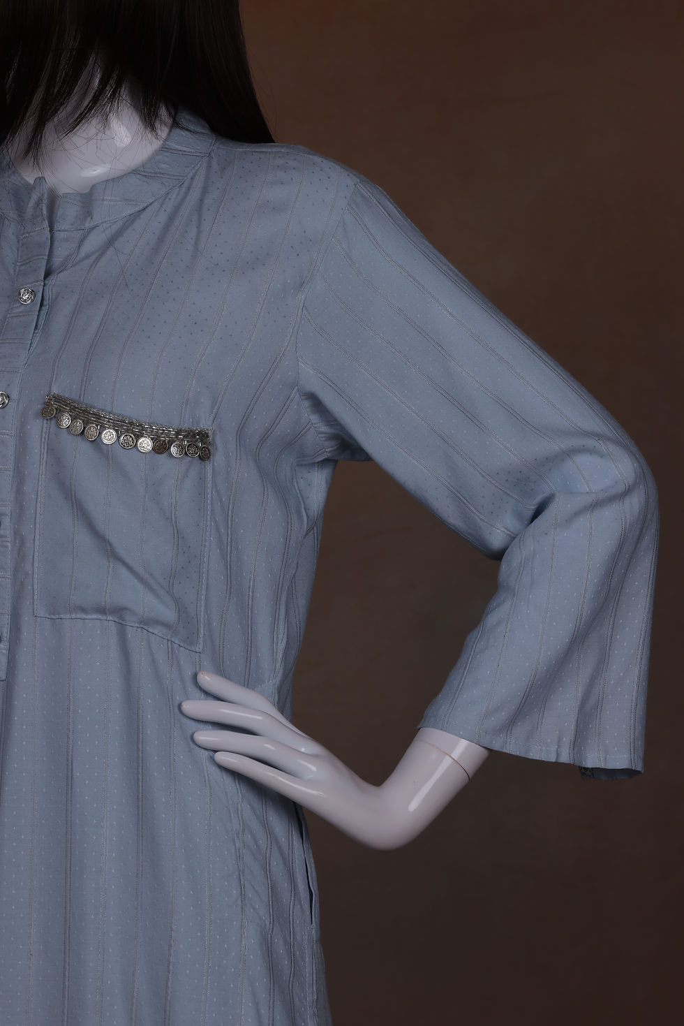 Stand collar cotton kurta with dobby weave texture