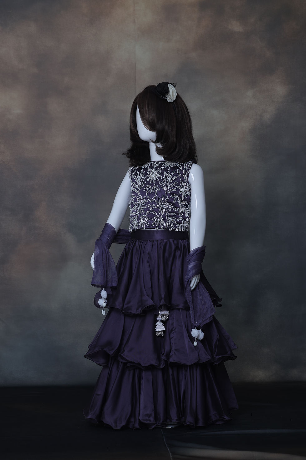 Thumbnail: Girls' Dark Purple Layered Flare Lehenga Set