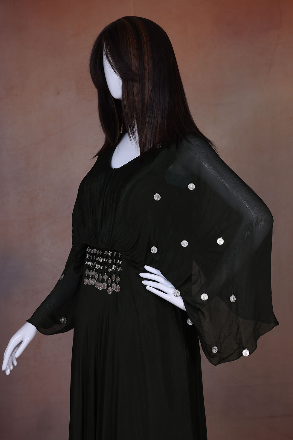 olive green chinnon chiffon silk butterfly sleeve gown full length view