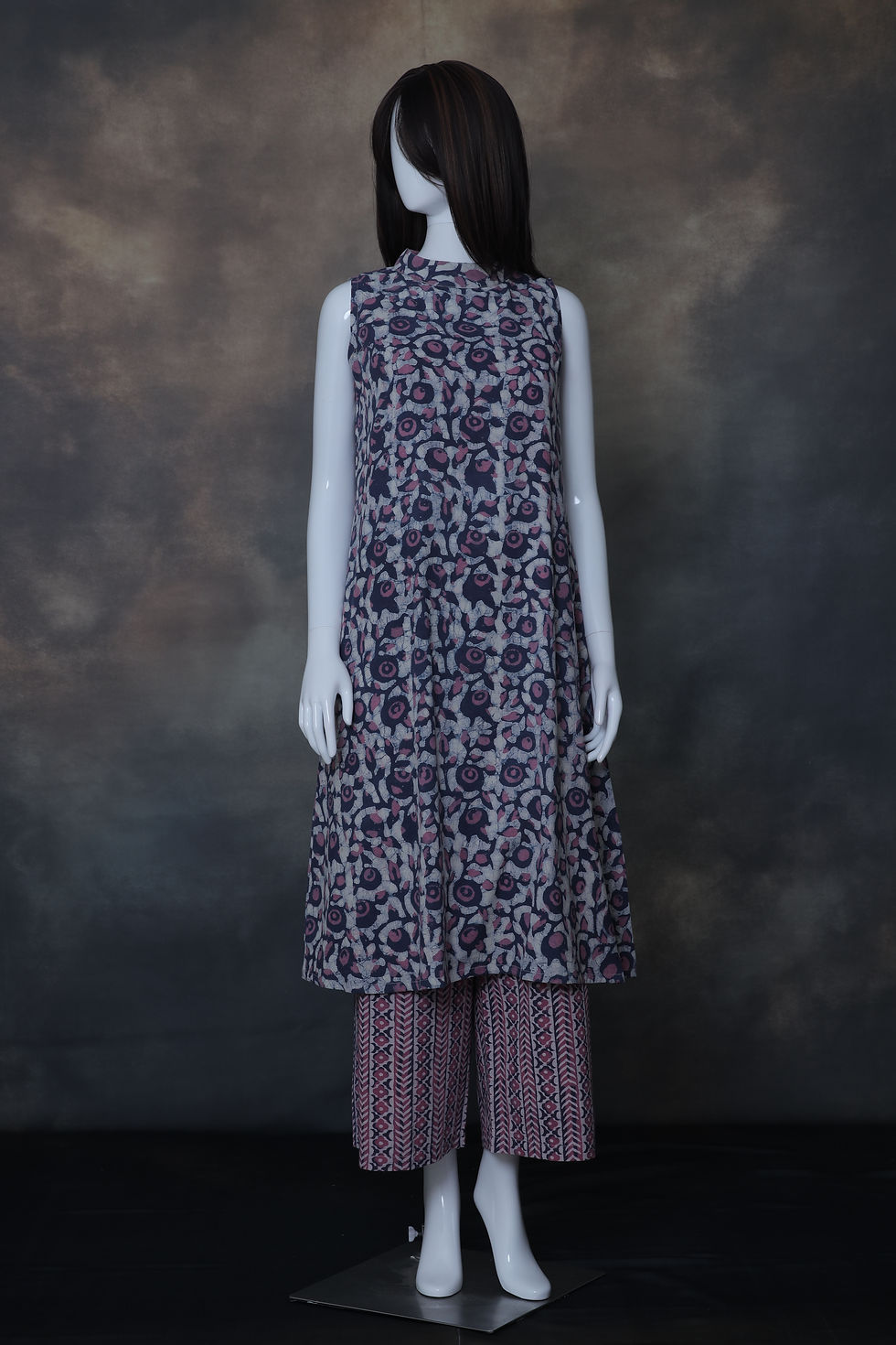 Navy blue and pink cotton batik straight kurta pant set front view