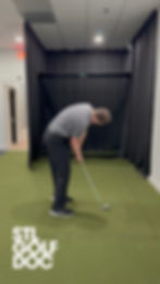 Male golfer working with the Saint Louis Golf Doc. Down the line view showcasing excessive side bend of the spine.