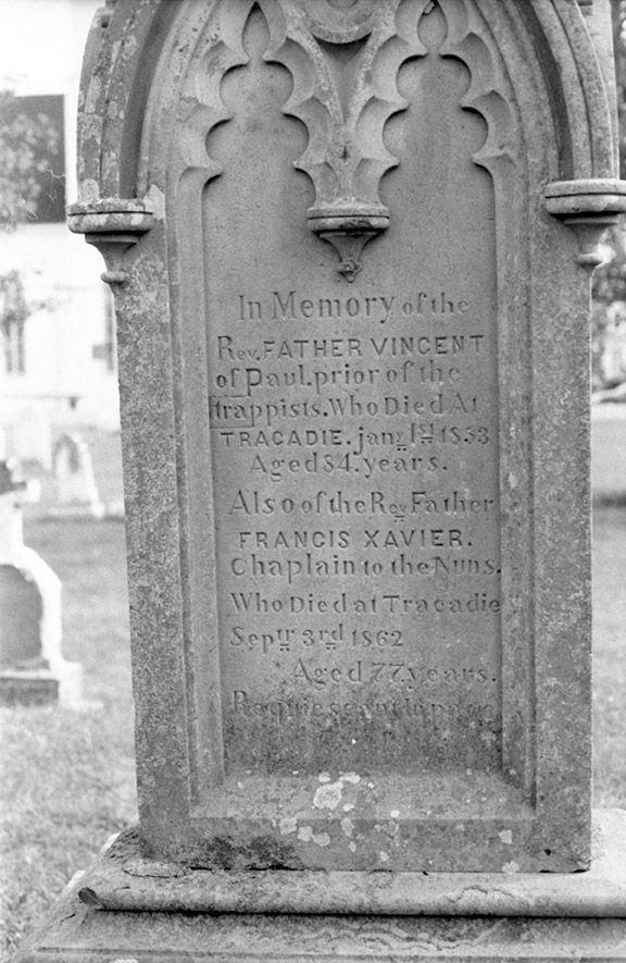 Memorial stone to Vincent de Paul and Francis Xavier, Arichat parish cemetery. Source: Sally Ross Acadian Cemeteries Research Collection, NSA. Photo by Deborah Trask.