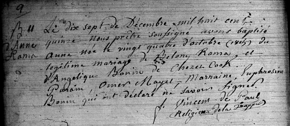 Vincent de Paul's signature in the Chezzetcook parish register. Source: NSA.