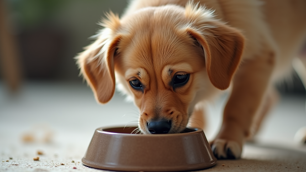Close-up view of a small dog eating from a bowl