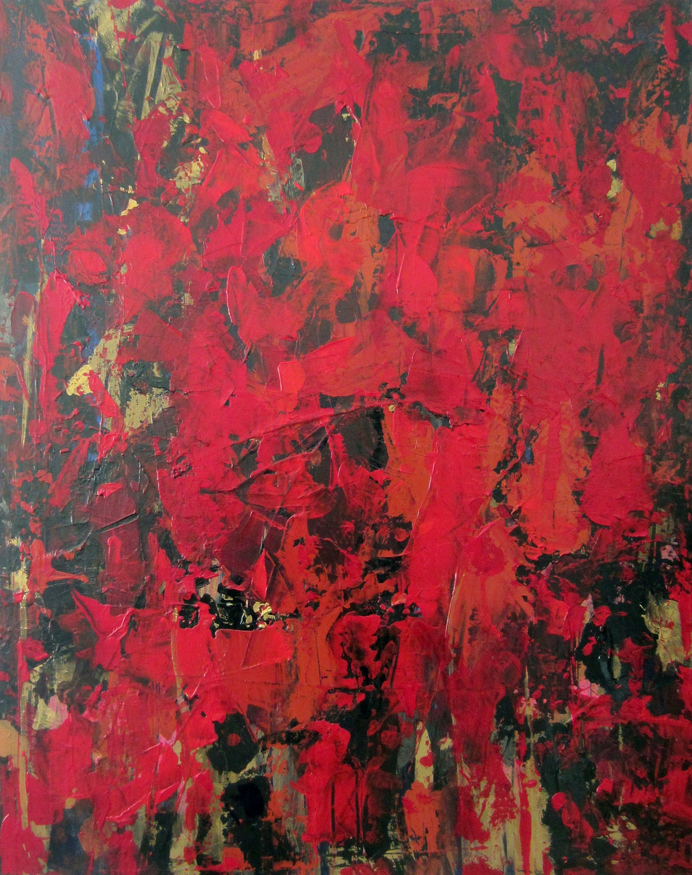 Textured red abstract painting 'Temptation' by Joyce Fournier Toronto