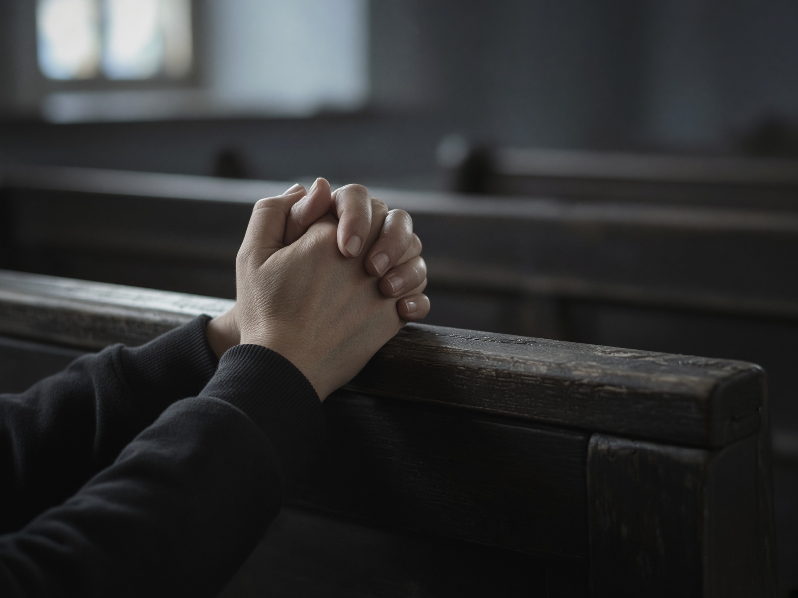 Hands folded in prayer along the rail of a wooden pew.