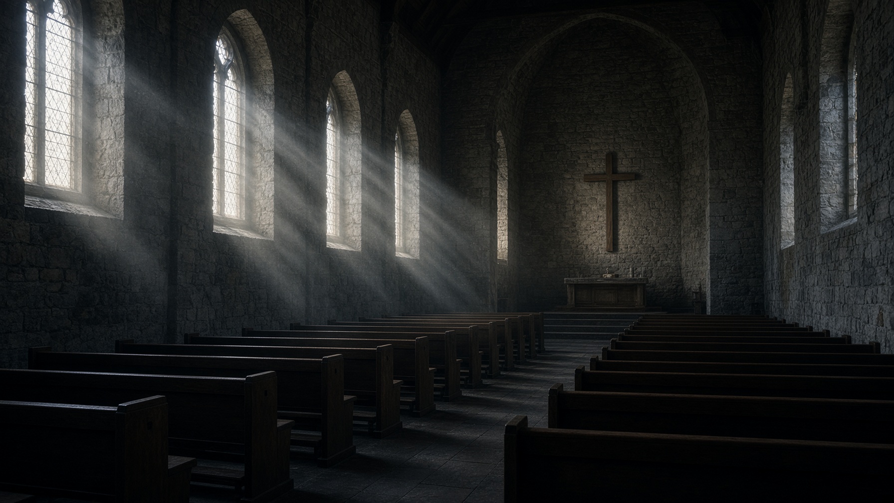 An empty stone sanctuary at winter dawn, light falling across wooden pews.