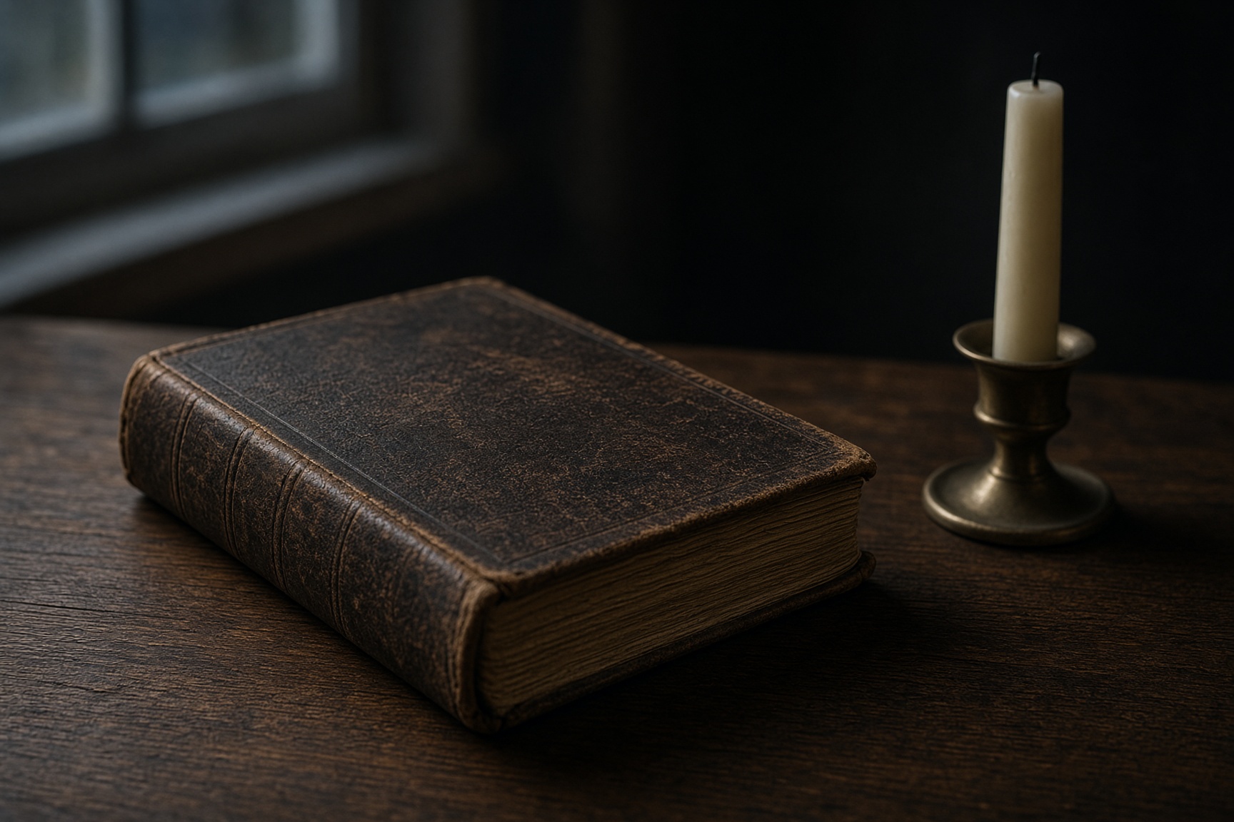 A worn Bible beside a candle on dark wood.