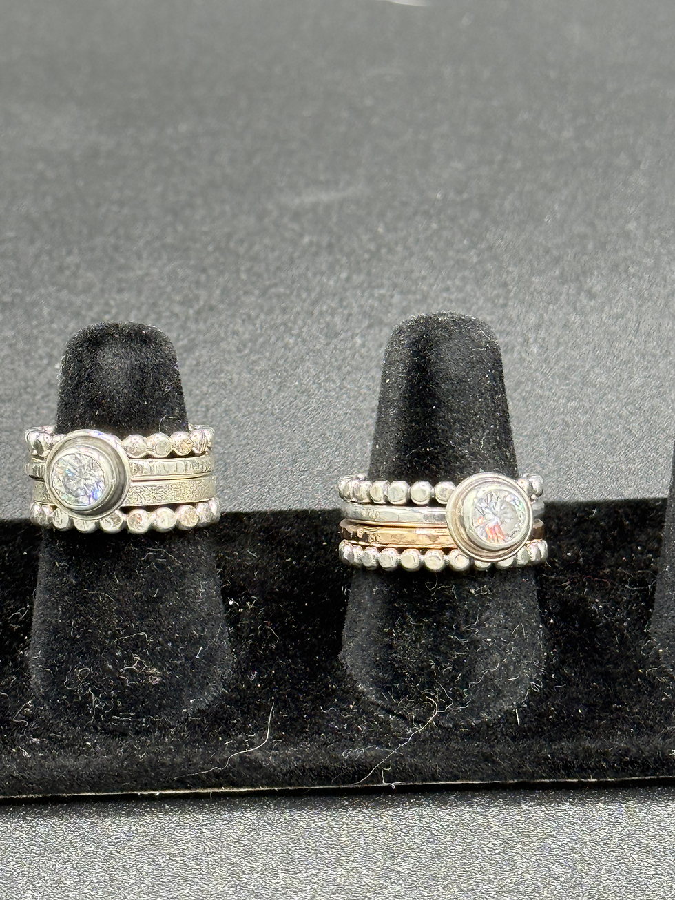 Thumbnail: Sterling Silver Four Banded Stacker Ring With CZ