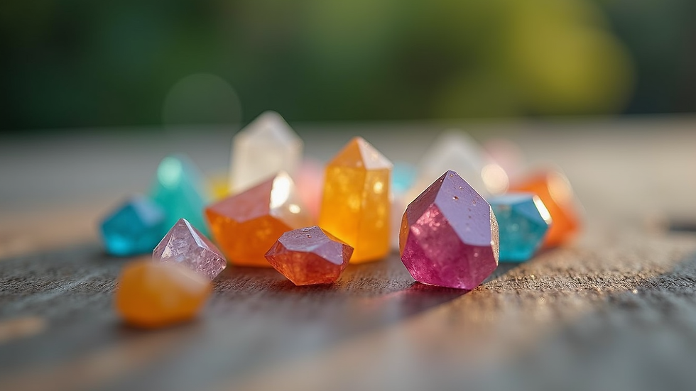Close-up view of various colorful crystals arranged on a wooden surface
