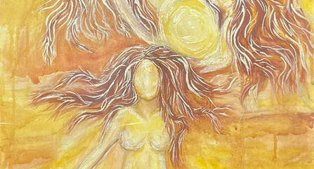 Three faceless female forms with long hair on a yellow background.
