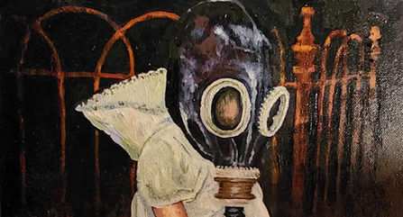 Small child wearing a white dress and a gas mask sits beside a grave in a cemetery.