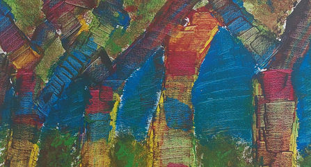 Stylized depiction of trees using horizontal stripes of different colours.