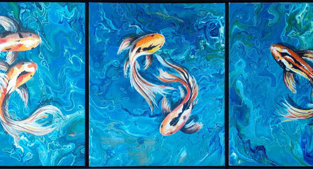 Triptych of swimming goldfish in blue water.