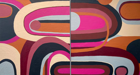 Diptych of pink and grey abstract with curved geometric shapes.