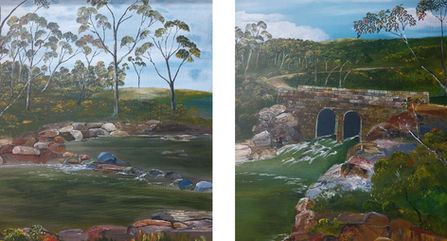 Diptych of bush lanscape with running water and a bridge.