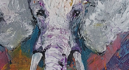 Portrait of elephant with thickly applied paint on multi coloured background.