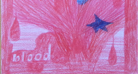 Pink coloured in background with the words Yemen and blood shown with star shapes.