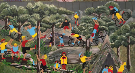 Multiple figures in primary colour clothing, running, jumping, riding bikes, sitting and playing in bush landscape.