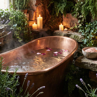 Copper bathtub surrounded by botanical herbs, rose petals, bath salts, and candlelight