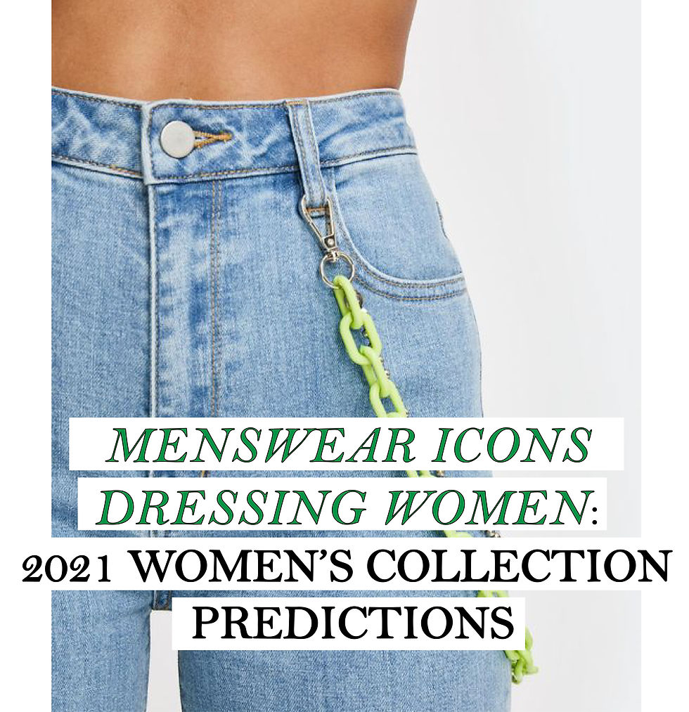 Close-up of a person's torso wearing blue jeans with a green chain accessory. Text: "Menswear Icons Dressing Women: 2021 Women’s Collection Predictions."