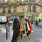 Coat rack with various jackets on Parisian street corner. Pharmacy in the background, pedestrian crossing, cobblestone pavement.