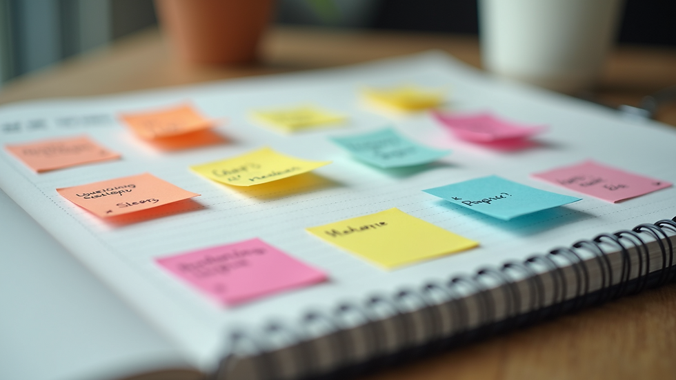 Close-up view of a notebook with brainstorming ideas and colorful sticky notes