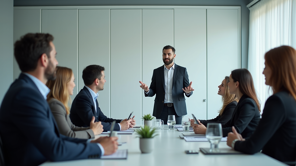 Eye-level view of a modern office meeting room with a leader presenting to a small team