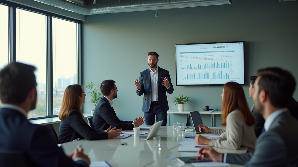Eye-level view of a leader presenting a vision to a small team in a modern office