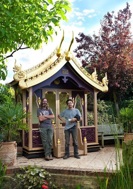 Karl Lewin with Graham Gough in front of the Thai Spirit Temple, Putney, London