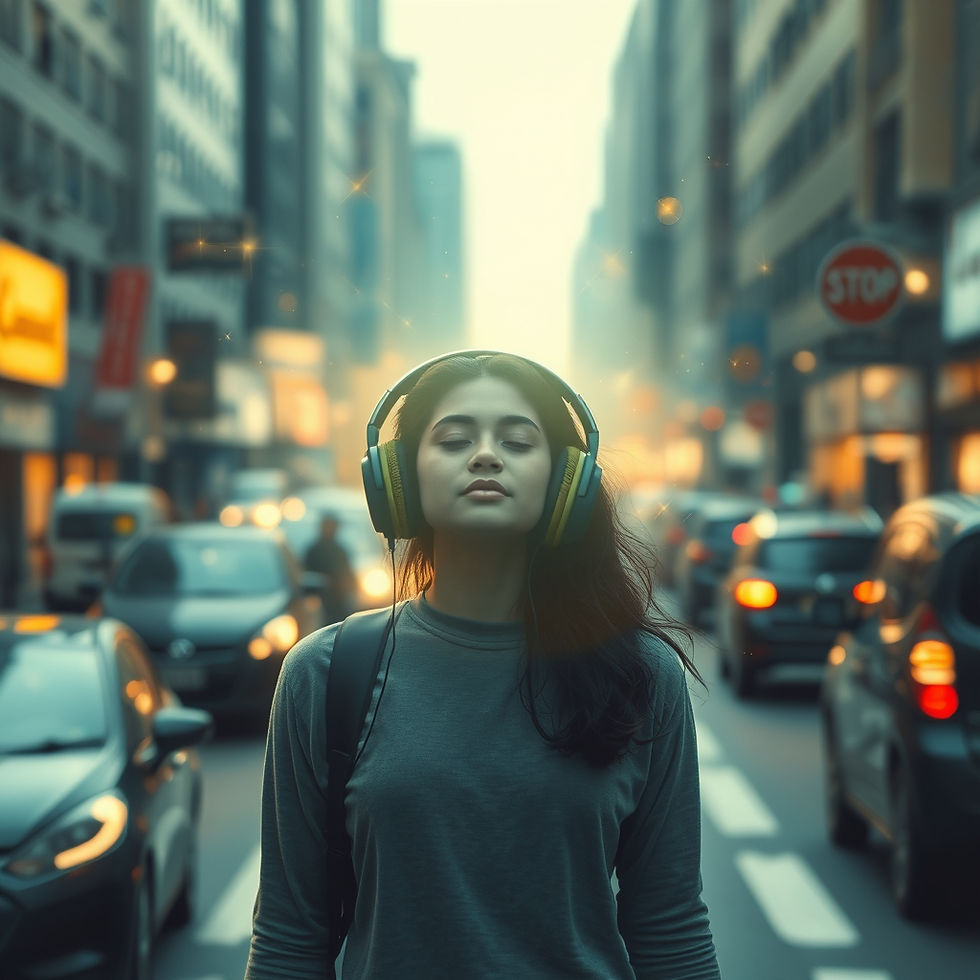 Dreamy scene of a person walking mindfully through a blurred, chaotic city street filled w