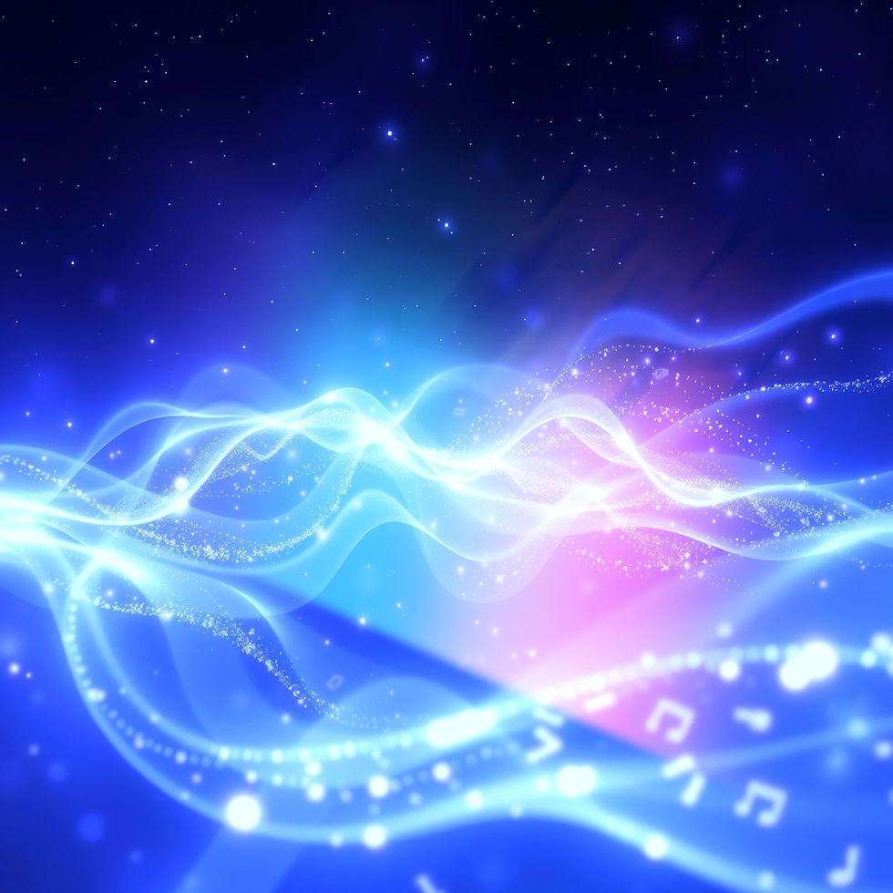 Ethereal sound waves, glowing Light Language symbols or cosmic sound codes floating in spa