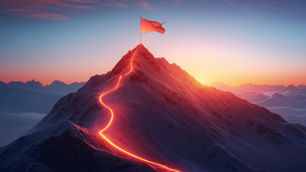 Un sommet enneigé illuminé par une lueur rouge, symbolisant le chemin parcouru vers la victoire. Une bannière flotte fièrement au sommet, marquant une avancée décisive.