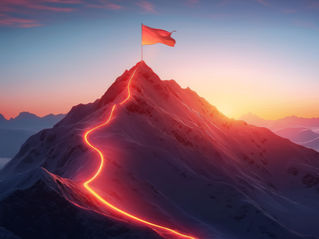 Un sommet enneigé illuminé par une lueur rouge, symbolisant le chemin parcouru vers la victoire. Une bannière flotte fièrement au sommet, marquant une avancée décisive.