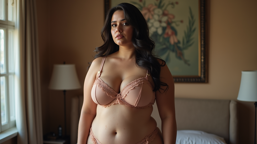 Eye-level view of a plus size woman posing confidently in elegant lingerie