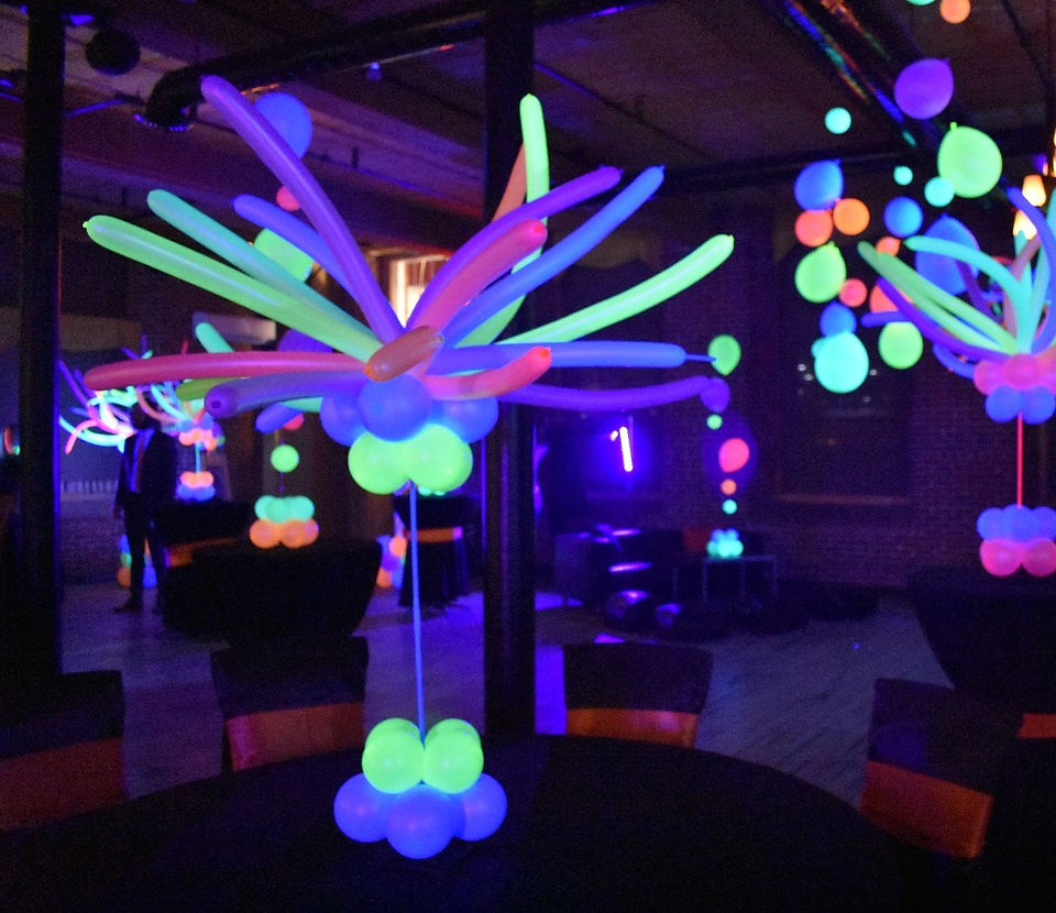 BlackLights and Neon Balloon Decor with Eye Candy Balloons