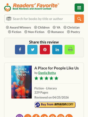 Readers' Favourite Review of A Place for People Like Us