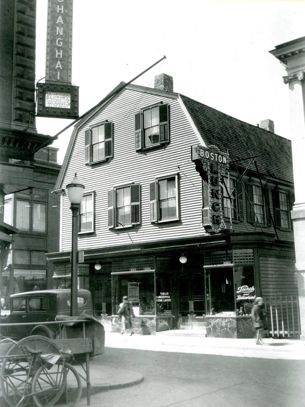 Picture shows restaurants and shops on Thames Street in Newport including Shanghai American Chinese Food. "Thames Street, West Side", 1920, VM013_GF4576 ProvLibDigital, accessed 2025/10/10, https://provlibdigital.org/islandora/object/VM013_GF4576.