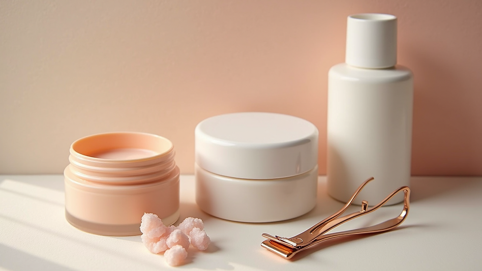 High angle view of foot care products including moisturizer and nail clippers