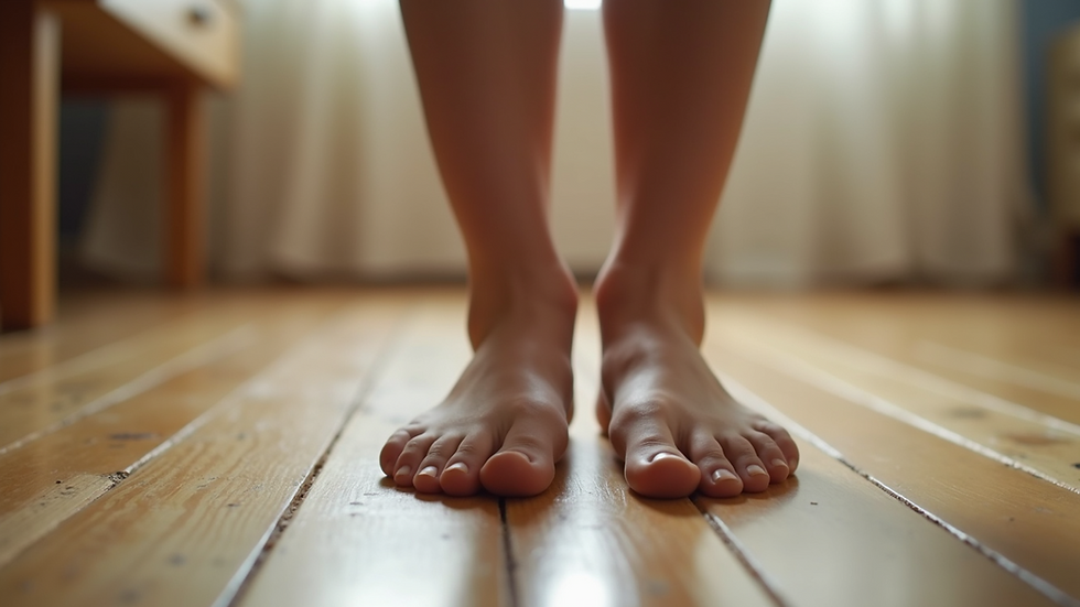 Close-up view of well-maintained feet on a wooden floor