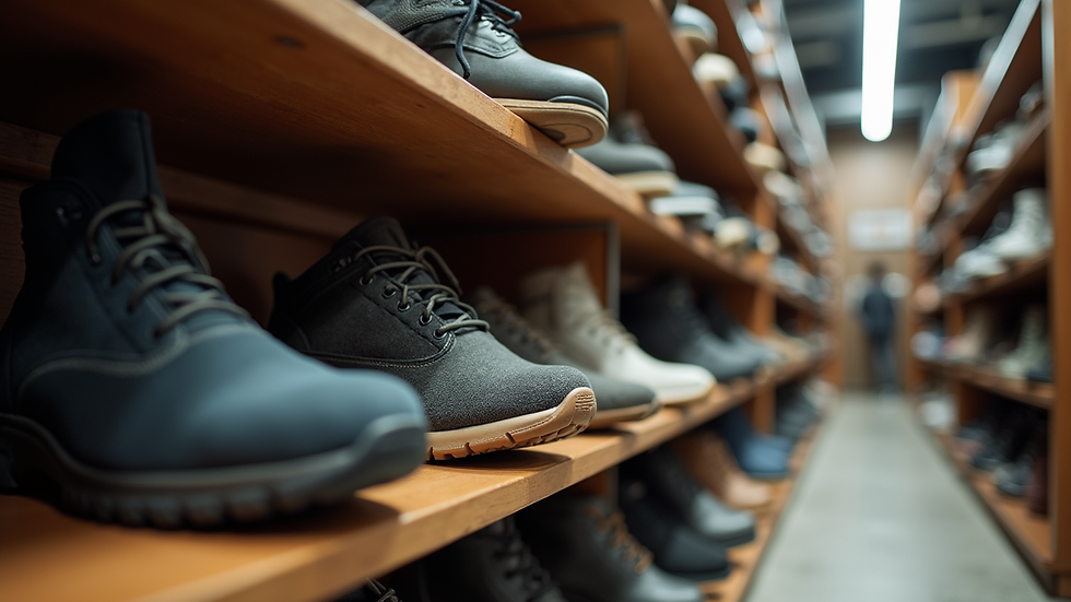 Eye-level view of a shoe rack with various supportive footwear