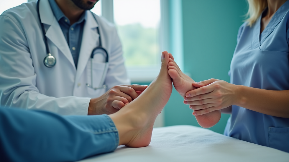 Eye-level view of a podiatrist examining a patient's foot for common conditions