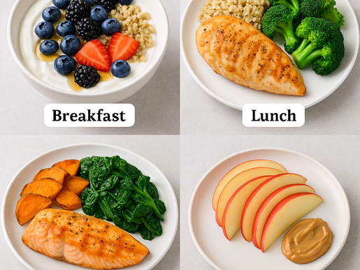 A collage of four healthy meals: Greek yogurt breakfast with berries and honey, grilled chicken lunch with quinoa and steamed broccoli, baked salmon dinner with sweet potato and garlic spinach, and apple slices snack with peanut butter, each presented on a white plate against a neutral background.