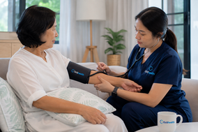 An Octihealth home health nurse in navy scrubs checks the blood pressure of an elderly Asian patient sitting comfortably on a couch in a bright, modern home setting