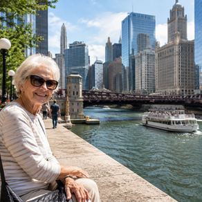 A smiling senior woman sits along the Chicago Riverwalk on a sunny day, wearing sunglasses and enjoying the waterfront. Behind her, a sightseeing boat cruises along the Chicago River, with historic bridges and the city’s iconic downtown skyline rising in the background. The scene conveys relaxation, independence, and the joy of exploring Chicago’s vibrant attractions.