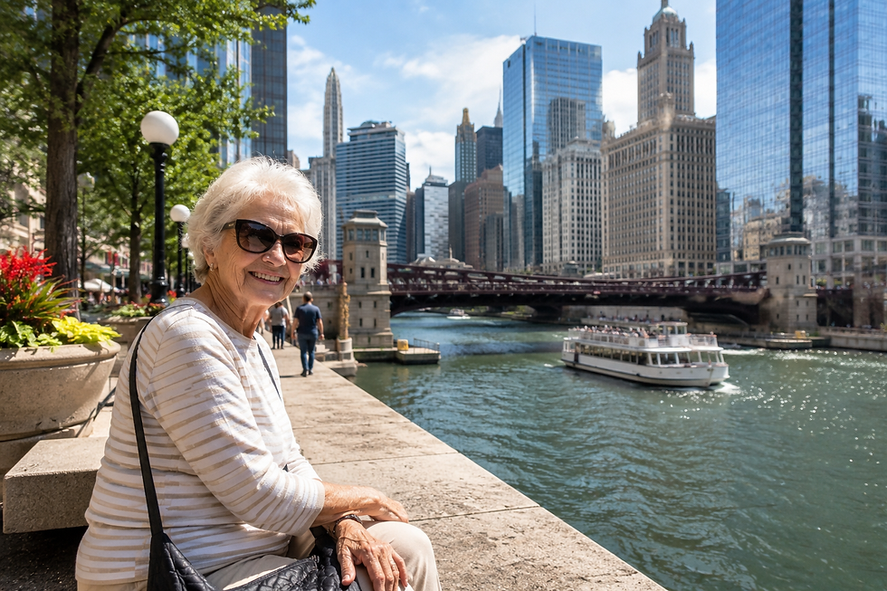 A smiling senior woman sits along the Chicago Riverwalk on a sunny day, wearing sunglasses and enjoying the waterfront. Behind her, a sightseeing boat cruises along the Chicago River, with historic bridges and the city’s iconic downtown skyline rising in the background. The scene conveys relaxation, independence, and the joy of exploring Chicago’s vibrant attractions.